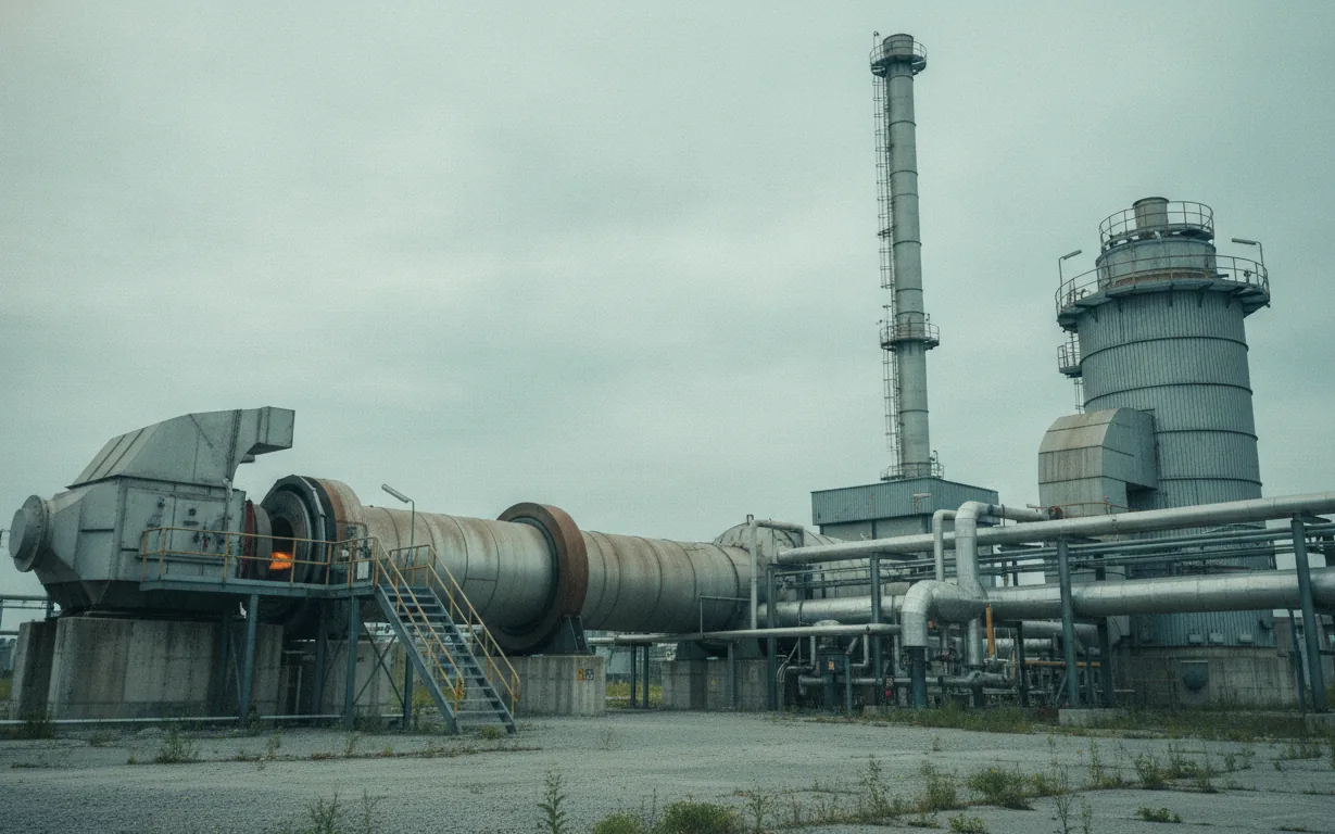 A rotary kiln incinerator with a flue gas cleaning tower and stack behind it