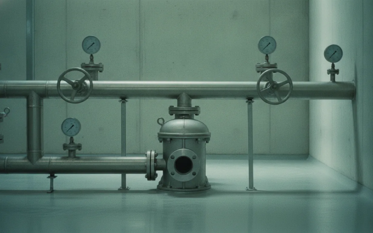 Instrument gauges and control valves on the pipework of a pump room
