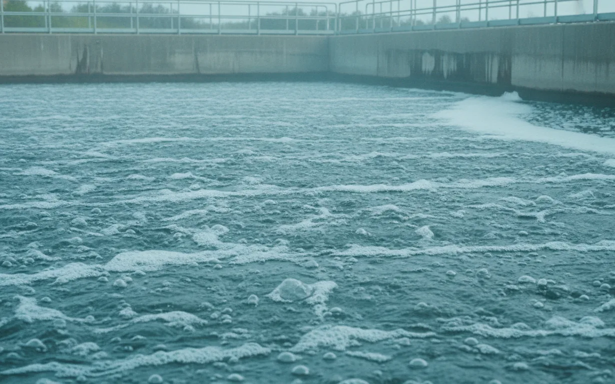 Fine bubbles breaking the surface of an aerated basin at a wastewater treatment plant