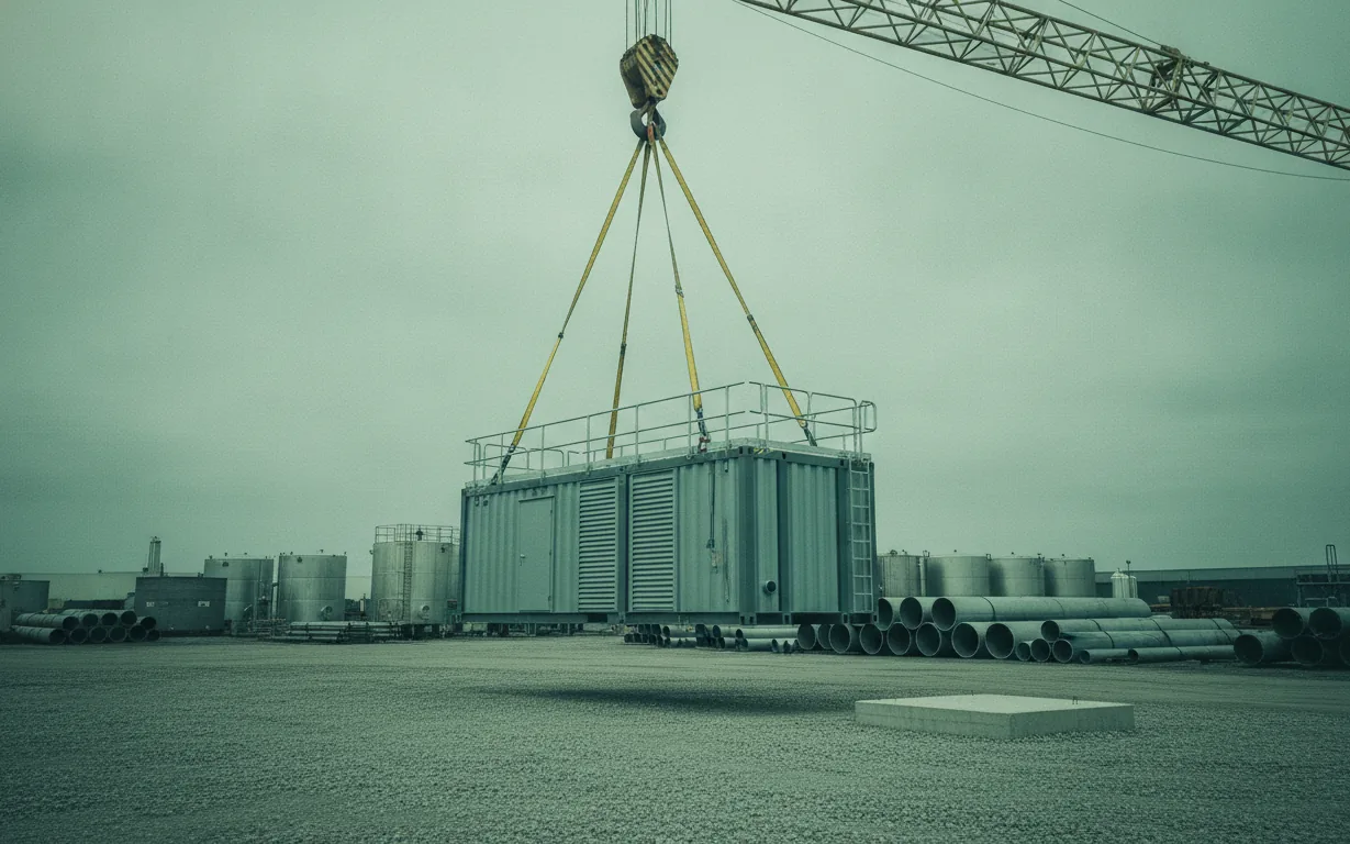 A containerised treatment unit being lifted onto a truck at a fabrication yard