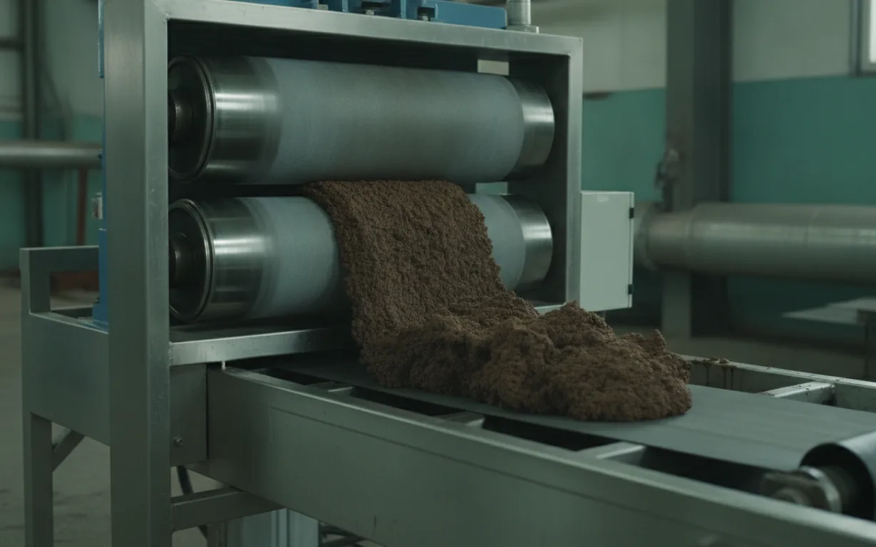 Dewatered sludge cake leaving a belt filter press on a conveyor