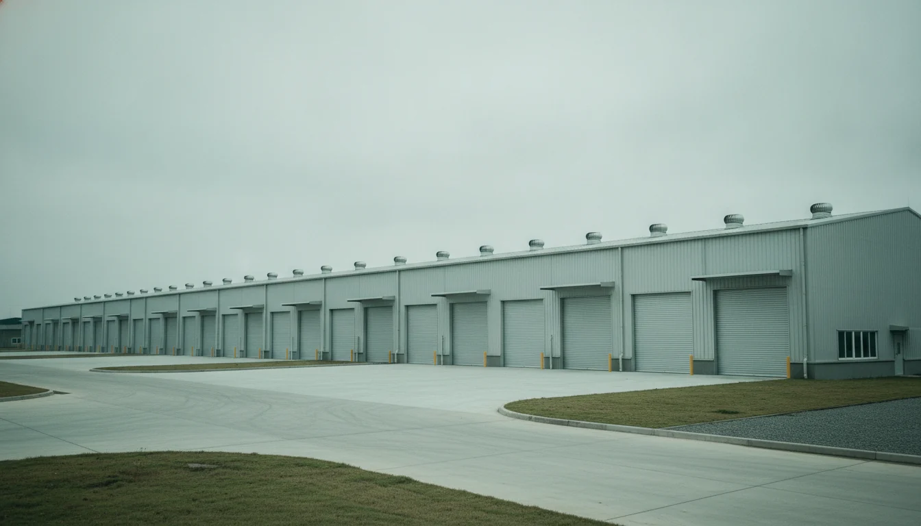 Light grey factory buildings and a clean loading apron at an industrial manufacturing campus