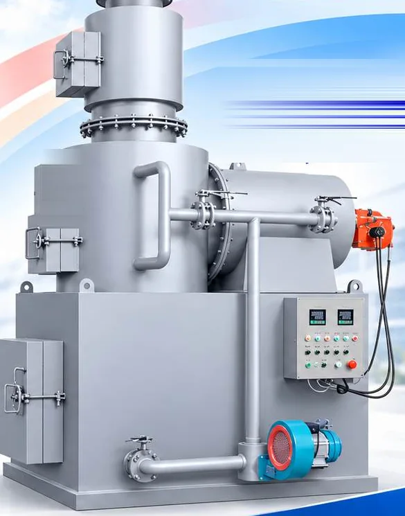 Incinerator dasar XJY-500 dengan panel kontrol, kipas udara pembakaran, dan perpipaan