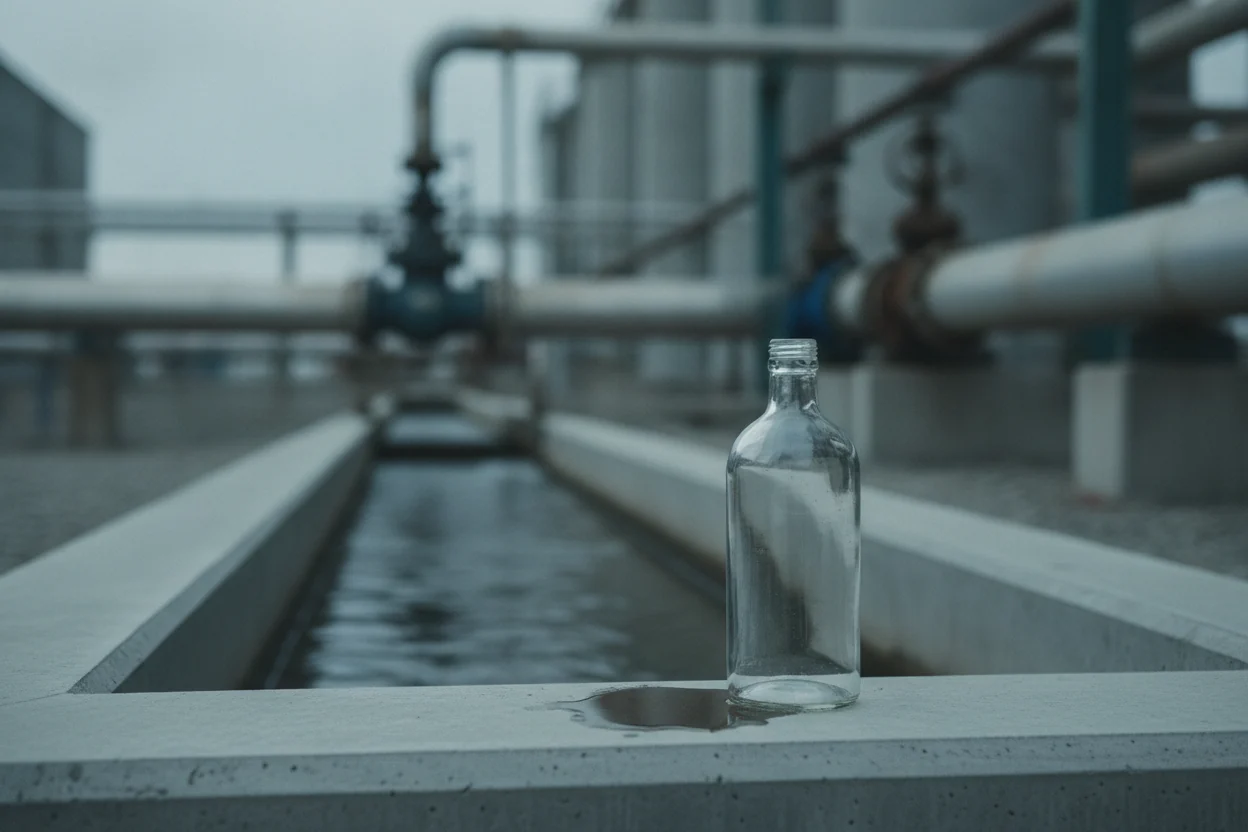 A clear glass sampling bottle on the concrete edge of an inlet channel