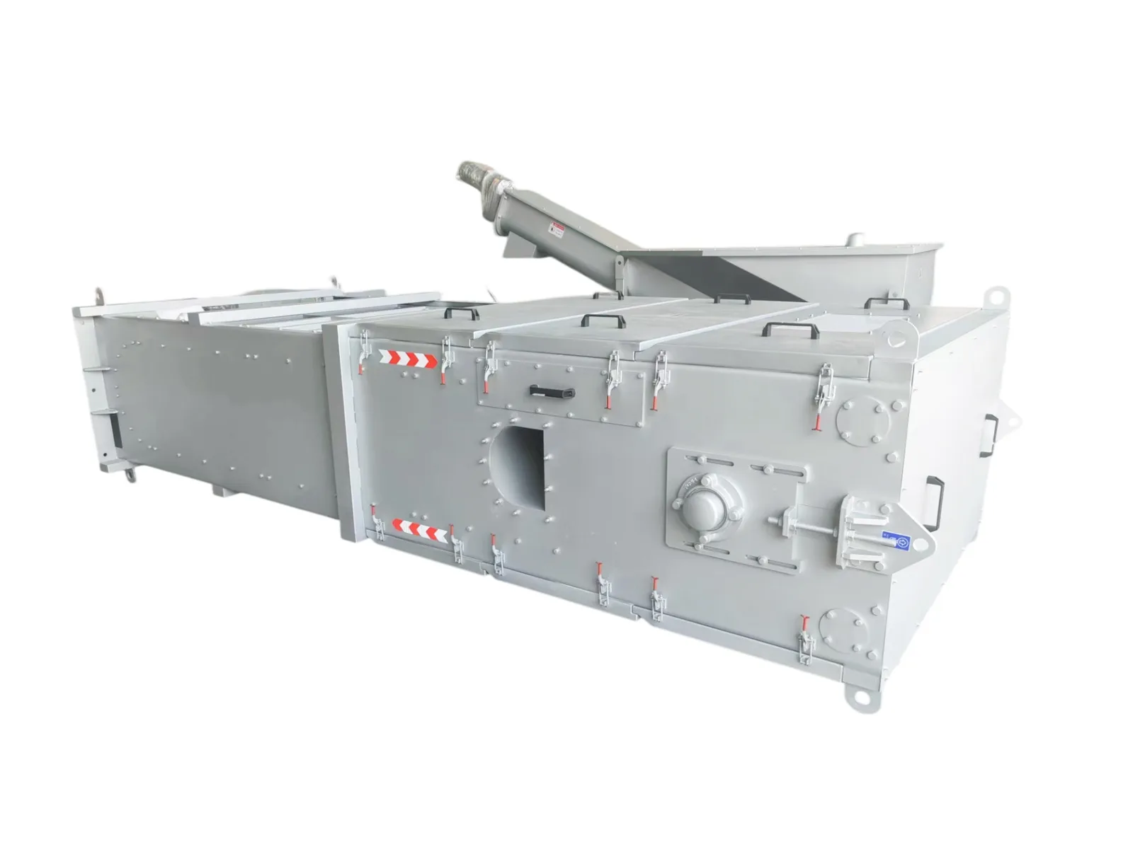Internal feed screen in channel form, with hinged covers, a flanged inlet and an inclined screw discharge
