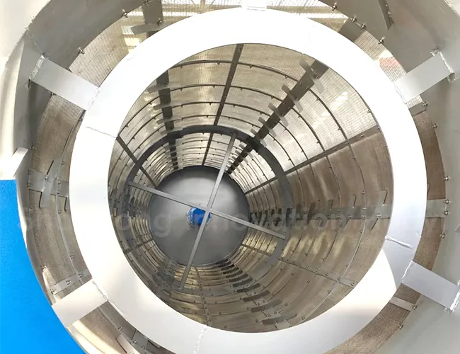 Interior de un tambor de microfiltro rotativo con los paneles de cribado concéntricos