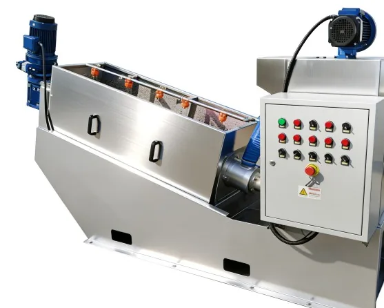 Máquina de tornillo deshidratador de lodos, con panel de control integrado y tanque de dosificación
