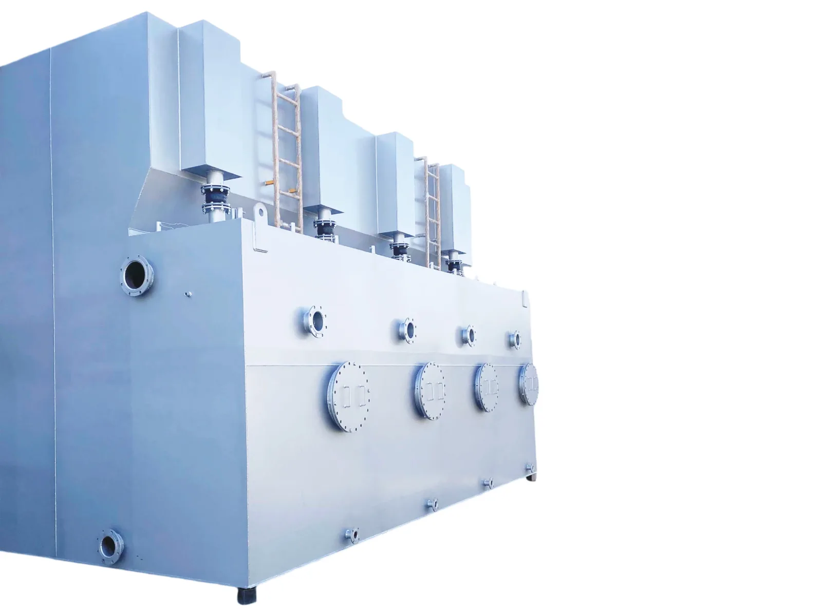 Integrated water purifier seen from the end, showing the treatment chambers on top of the fabricated body