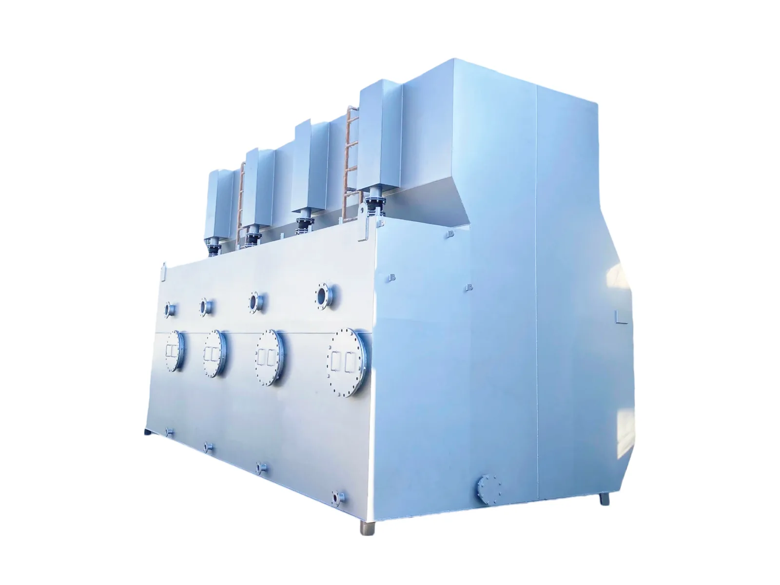 Integrated water purifier with modular treatment chambers above the body and flanged access covers on the front